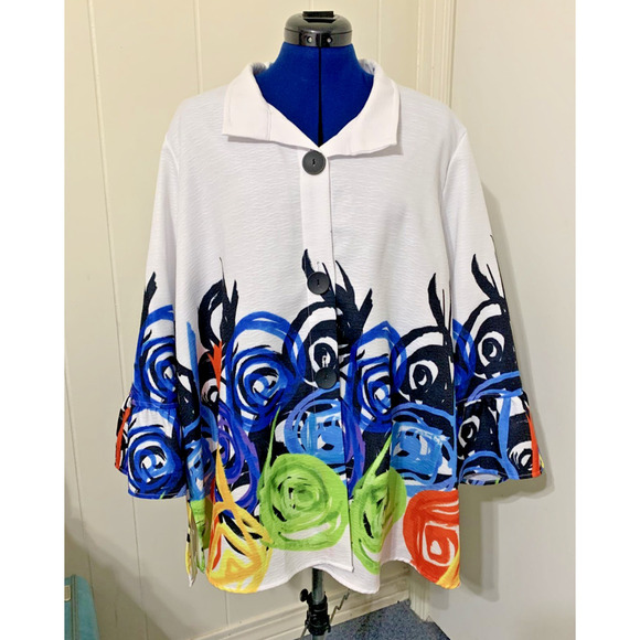 Ali Miles Tops - Ali Miles 2XL Women's Collared Top Abstract Pattern Ruffled Sleeve Art to Wear